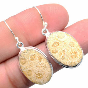 Fossil Coral Stone Earrings in Solid 925 Silver